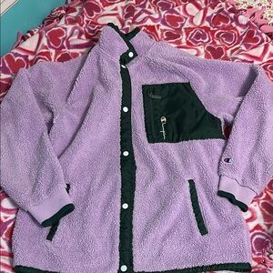 Cozy lavender Sherpa Jacket with dark green Trim